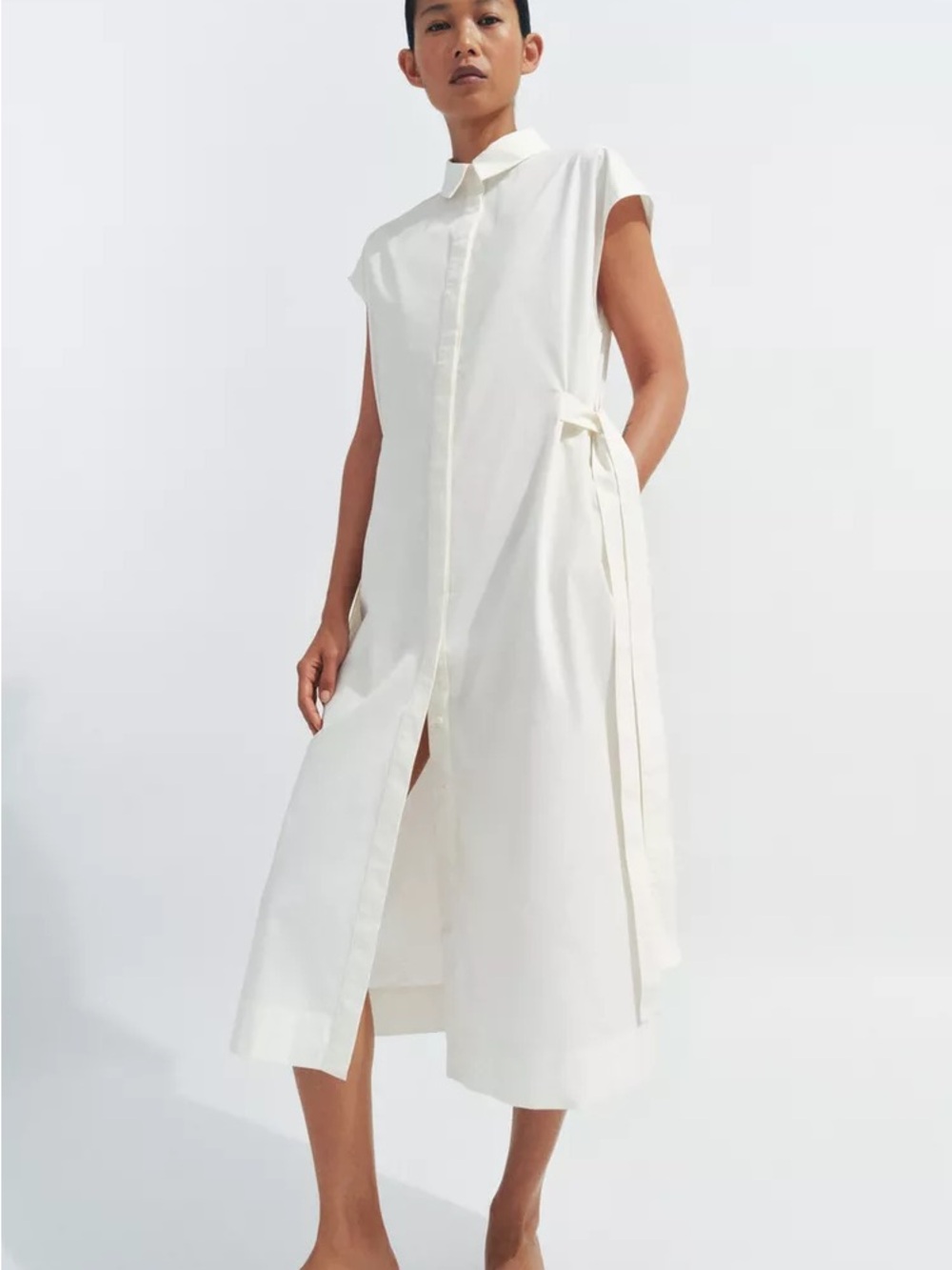 Zara White Sleeveless Midi Shirt Dress with Side Tie